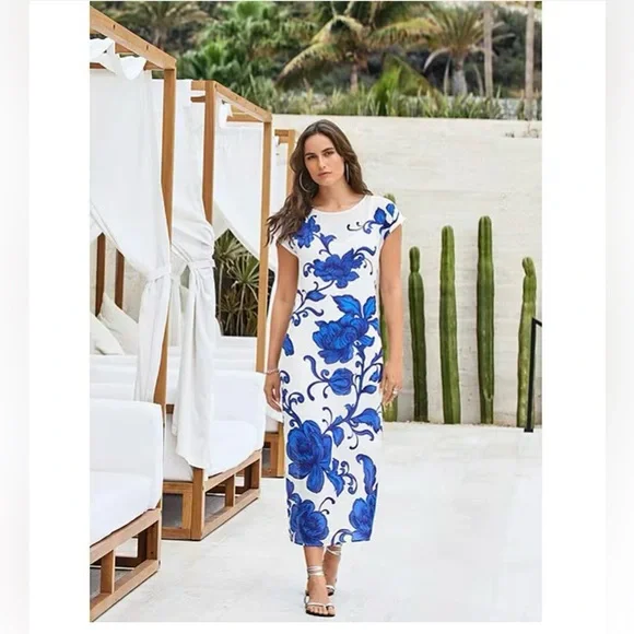 Johnny was Camila floral print round neck short sleeve side slit shirt dress